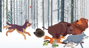 En tegning av mange dyr som blir jaget av en hund i en skog