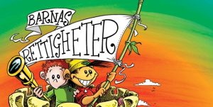 Illustrasjon av to barn som vifter med et flagg der det står barnas rettigheter med store bokstaver