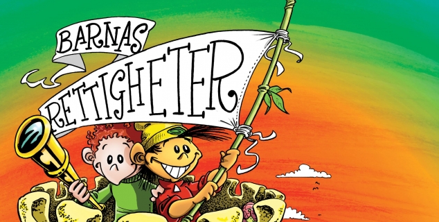 Illustrasjon av to barn som vifter med et flagg der det står barnas rettigheter med store bokstaver