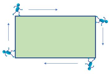 en mann går rundt rektangulær figur og måler omkrets