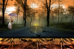 Illustrasjon av ett barn i et landskap